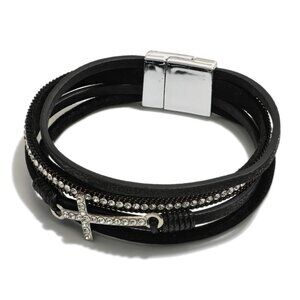 Multi Strand Magnetic Closure Rhinestone Band Christian Religious Cross Bracelet